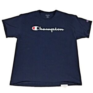 Champion Mens Graphic T-Shirt XL Navy Blue Script Logo Short Sleeve Crew Neck